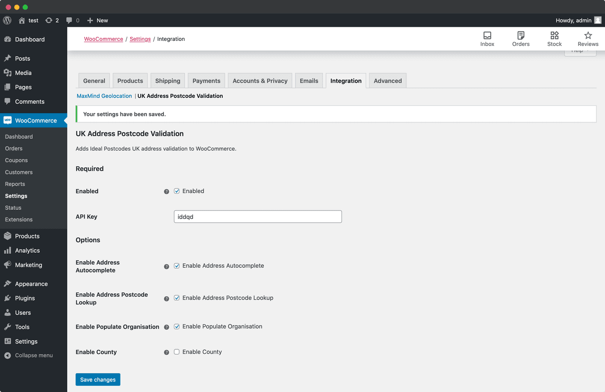 Enable address validation screenshot